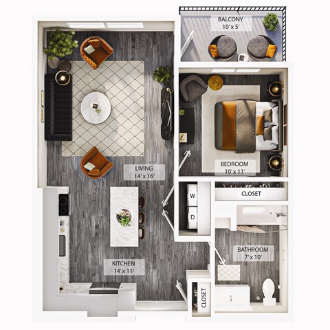 Floor plan for 1 bed, 1 bath, 703 sqft